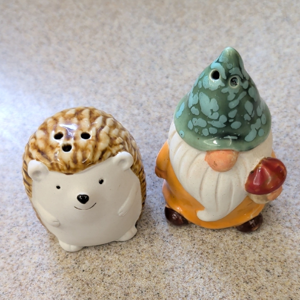 Hedgehog and Gnome Ceramic Salt And Pepper Shakers